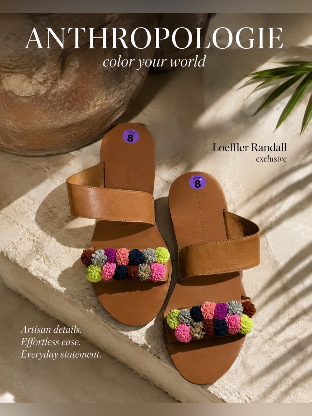Anthro Loeffler Randall Clem Tan Leather Rainbow Pom-Pom Slide Sandals Women’s 8